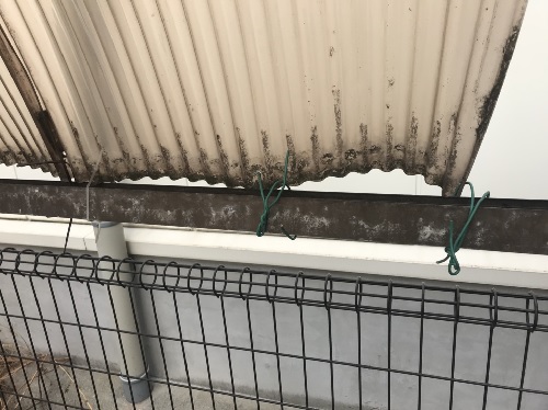 福山市にて強風で飛散した駐輪場屋根を応急処置後、ポリカ波板に交換工事針金で応急処置