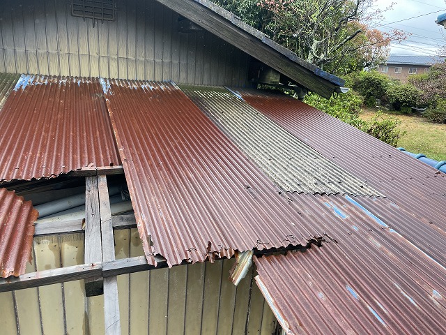 波トタンの錆と欠損で下地が露出している状況