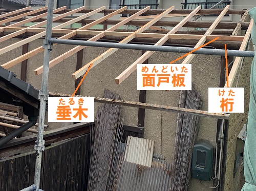 福山市農機具倉庫屋根リフォーム垂木面戸板桁