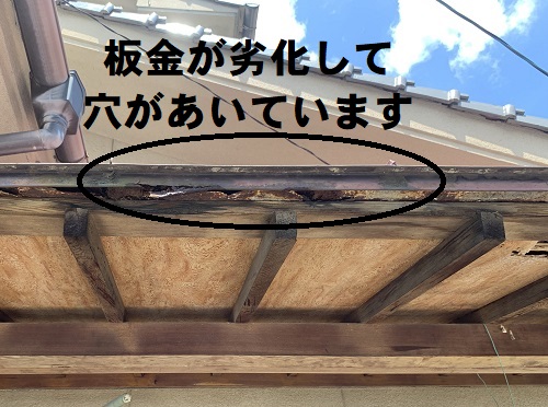 福山市にてコウモリ侵入対策で玄関庇の板金カバー工法を提案！板金屋根軒先の穴にこうもり侵入