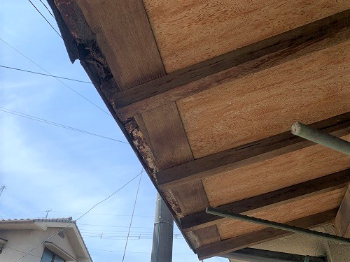 福山市にてコウモリ侵入対策で玄関庇の板金カバー工法を提案！害獣駆除でなく侵入防止策を提案で屋根工事