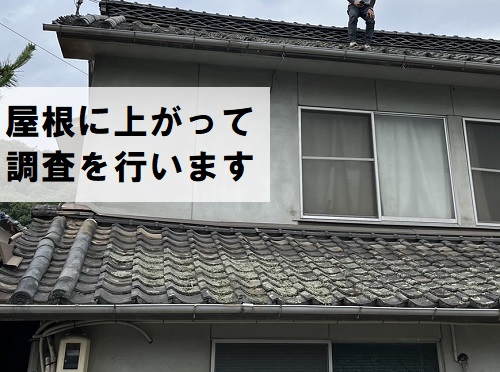 福山市にて築50年木造住宅２階建て瓦葺き屋根の雨漏り調査瓦屋根に登って屋根調査