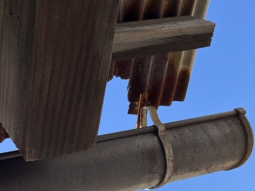 福山市にて雨水が隣家へ溢れる軒樋調査でトタン屋根の錆びが原因と判明で屋根取り替えと軒樋交換を提案