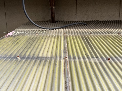 福山市にてタキロンシーアイ『ポリカナミイタ』でテラス屋根交換工事前の無料調査ポリカーボネート製波板に大量の苔
