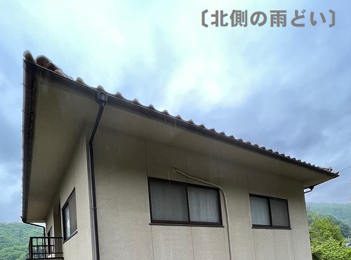 福山市にて木々に囲まれた住宅のオーバーフローする雨どい詰まり調査破損した集水器