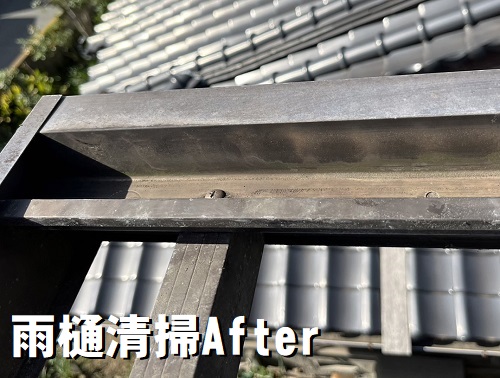 福山市でバタバタするベランダ屋根のポリカーボネート製波板張替工事雨どいの苔や埃の掃除後