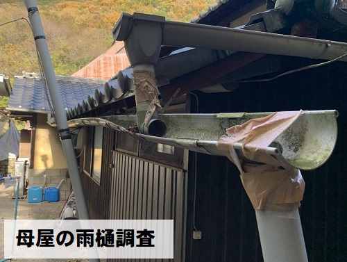 福山市で風切丸や竪樋に押され変形して落ち葉が溜まった雨樋調査離れのあまどい調査母屋のあまどい調査