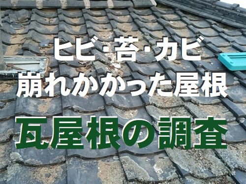 尾道市にて老朽化により崩れかけている瓦屋根の調査