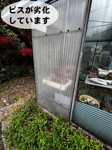 尾道市の温室屋根工事にポリカ波板とガルバリウム鋼板使用ビスが劣化した壁