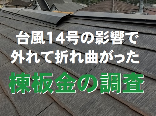 福山市にて台風14号の影響で折れ曲がる被害が発生した棟板金の調査