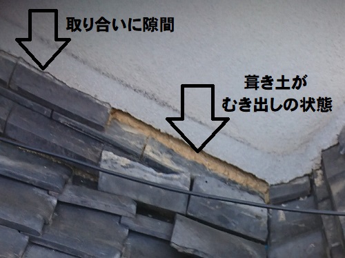 尾道市で雑草が生えた瓦葺き屋根の雨漏り調査むき出しの葺き土と取り合いの隙間