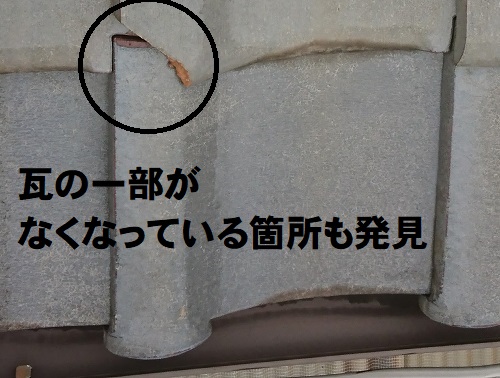 広島県府中市にてクロスが剥がれるほどの雨漏りで瓦屋根を調査一部無くなった瓦