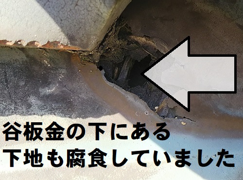 尾道市で雨漏りする穴のあいた谷板金調査！穴があく原因は？銅板に穴あきと下地の腐食