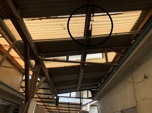 福山市で雨漏りするスレート屋根とガラスネット波板が混合したテラス屋根補修工事前の様子暗いテラス