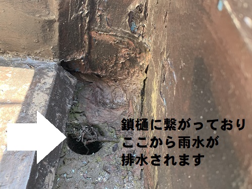 福山市にてガルバリウム鋼板で雨漏りする玄関屋根リフォーム前調査庇の谷部分から鎖樋