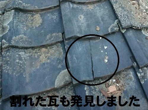 尾道市にて老朽化により崩れかけている瓦屋根の調査ひどく傷んだ北側の瓦屋根割れた瓦