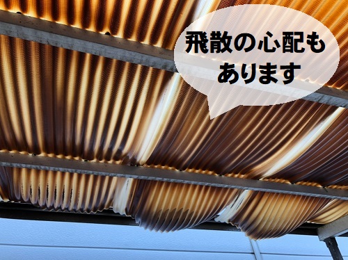 【無料調査】福山市にて経年劣化で変色や浮きが見られる車庫屋根の調査波板屋根の経年劣化で浮いているため飛散の心配