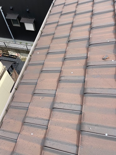 福山市にて飛来物（鳥が落とした魚）により割れた瓦屋根の修理前の屋根調査軒先まで広がる魚のうろこ