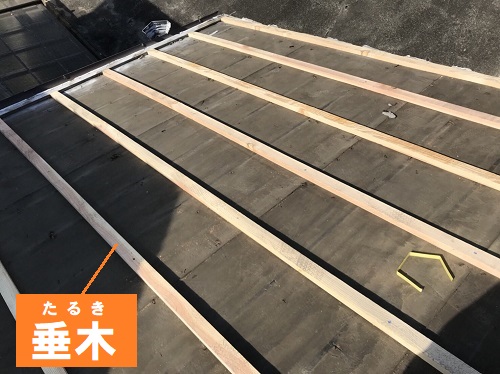 福山市で雨漏りする瓦屋根をカラーガルバリウム屋根へリフォーム工事垂木の設置
