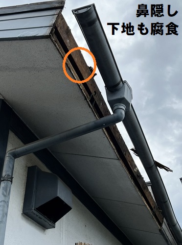 福山市で瓦屋根の雨漏り修理にセメント瓦差し替えと雨とい勾配調整工事鼻隠し下地の腐食