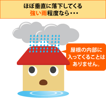 ほぼ垂直に落下してくる強い雨程度なら屋根の内部に入ってくることはありません。
